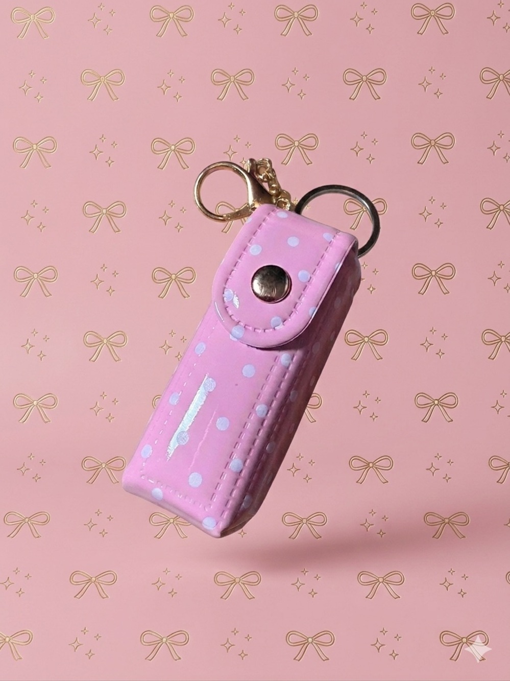 Pink Polka Dot Lip Balm Keychain Holder with Gold Hardware